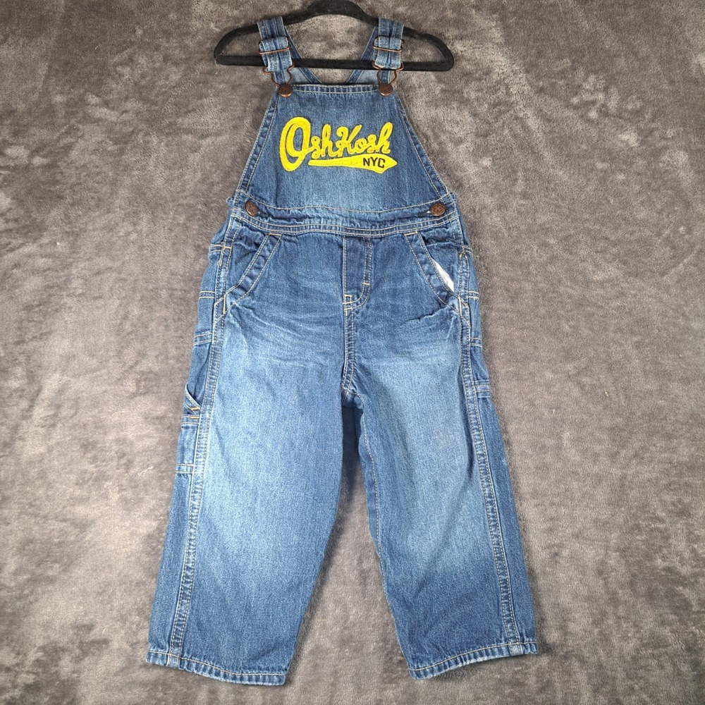 OshKosh B'gosh Blue Denim Carpenter Overalls 24 Months Yellow Logo Patch Casual